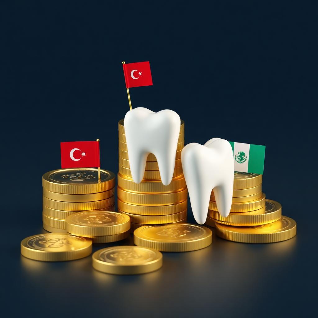 3D coin stacks with country flags and teeth