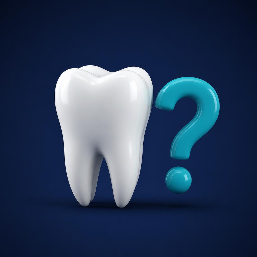 3D tooth with question mark for dental implant FAQ