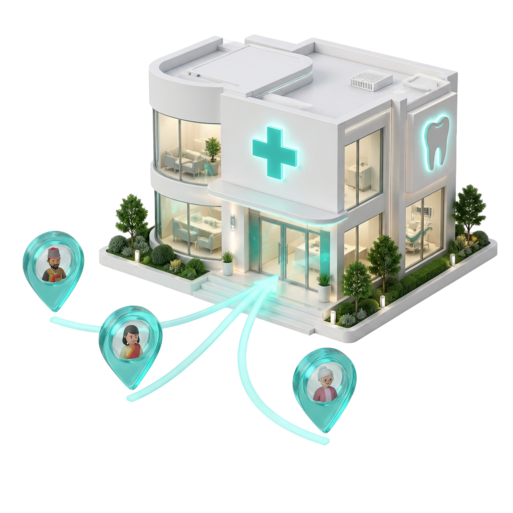 3D illustration of international patients being referred to a partner dental clinic