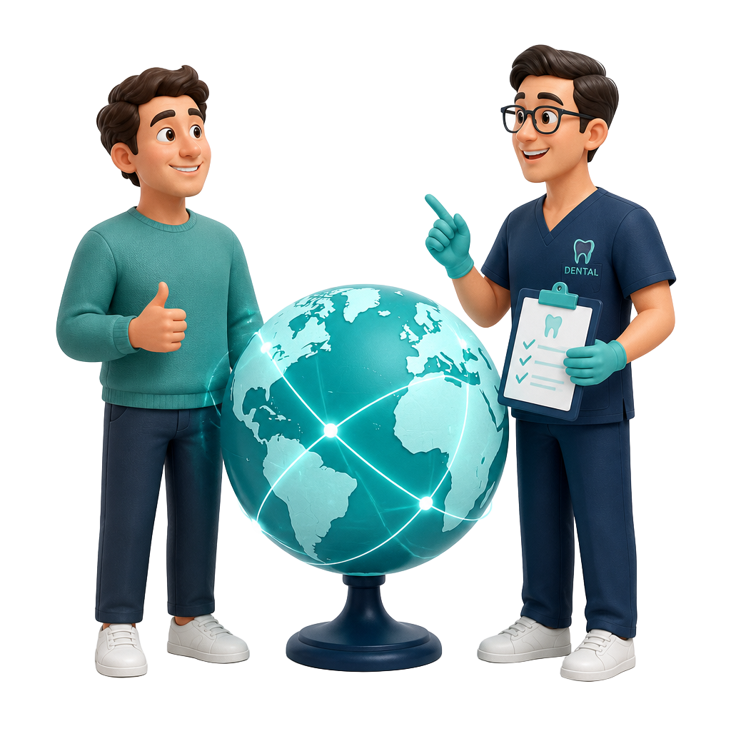 3D illustration of a patient and a dentist beside a globe representing international dental implant clinics
